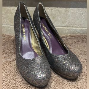 Size 7 madden girl, purple/gold sparkly high heel stiletto